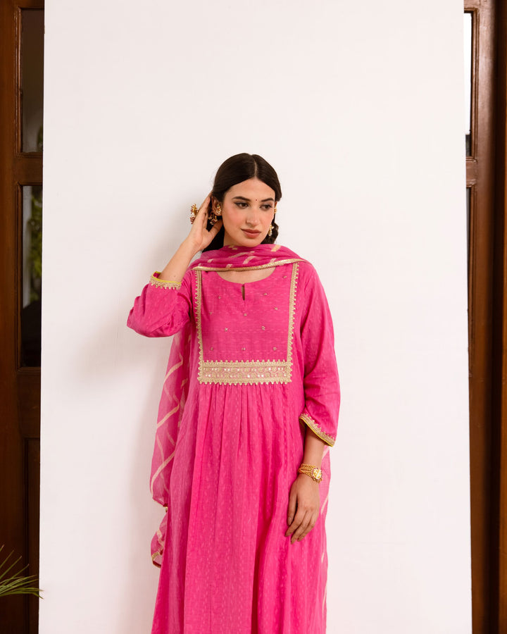 Vibrant Pink Cotton Dobby Complete Suit Set For Women's