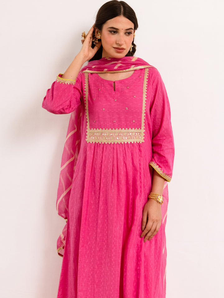 Vibrant Pink Cotton Dobby Complete Suit Set For Women's