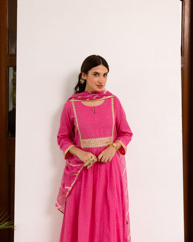 Vibrant Pink Cotton Dobby Complete Suit Set For Women's