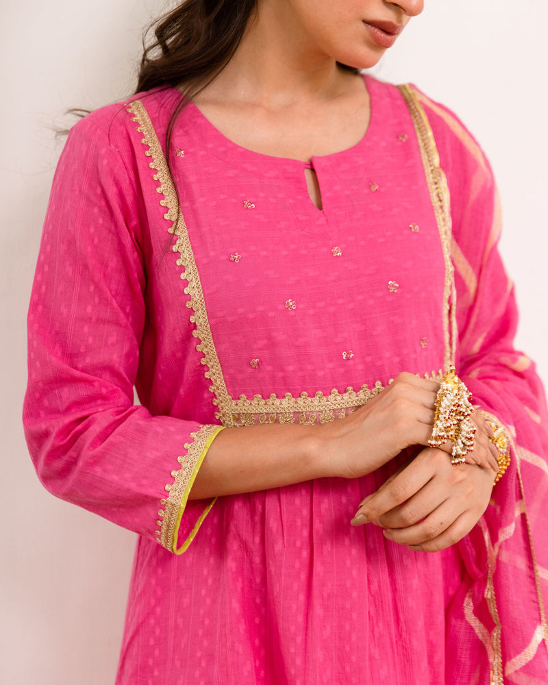 Vibrant Pink Cotton Dobby Complete Suit Set For Women's
