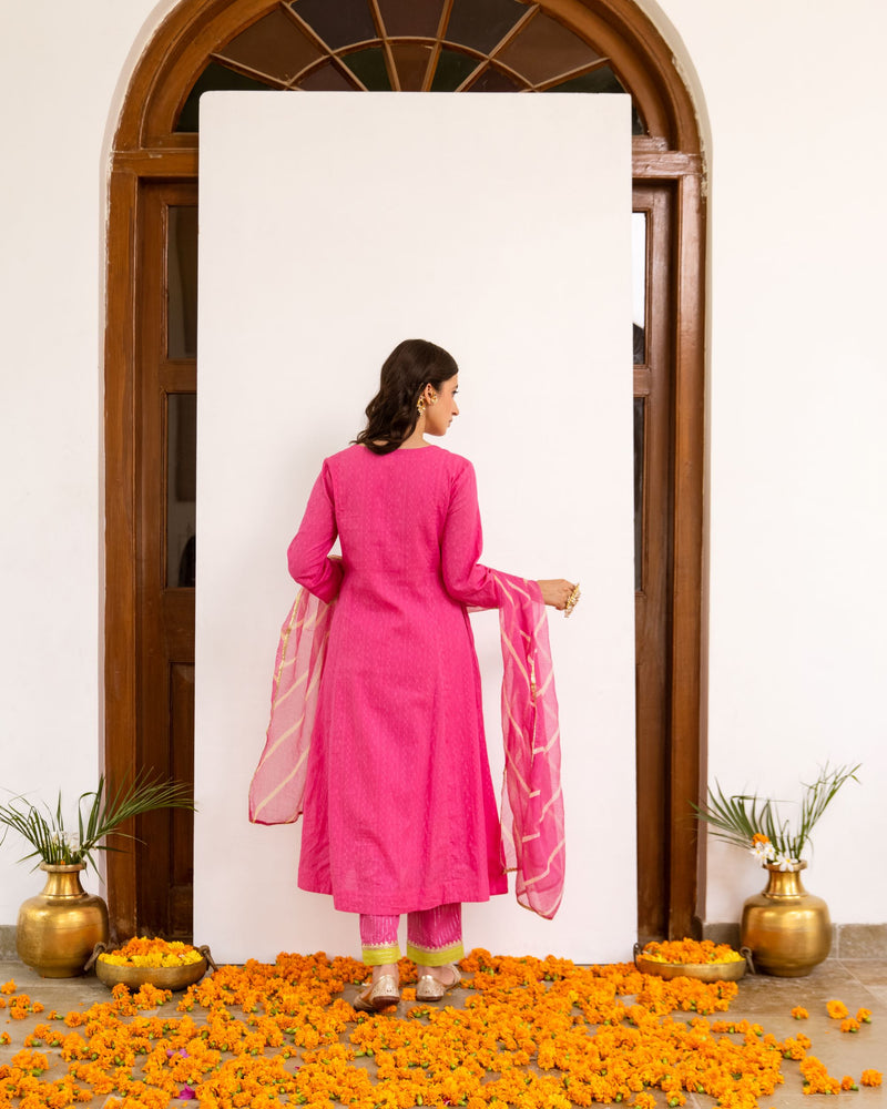 Vibrant Pink Cotton Dobby Complete Suit Set For Women's