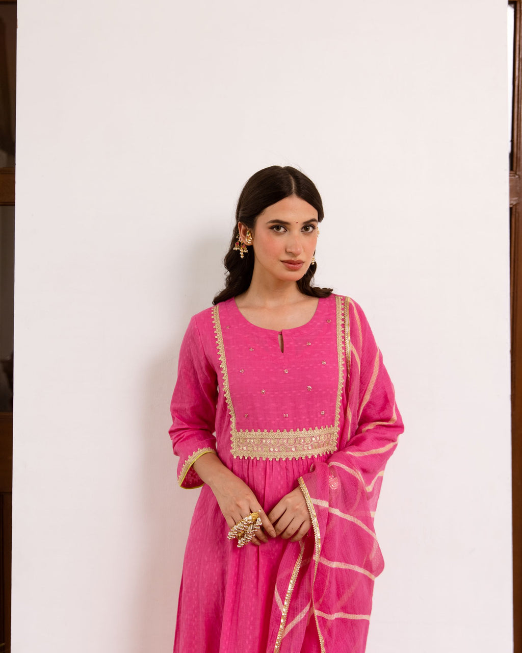 Vibrant Pink Cotton Dobby Complete Suit Set For Women's
