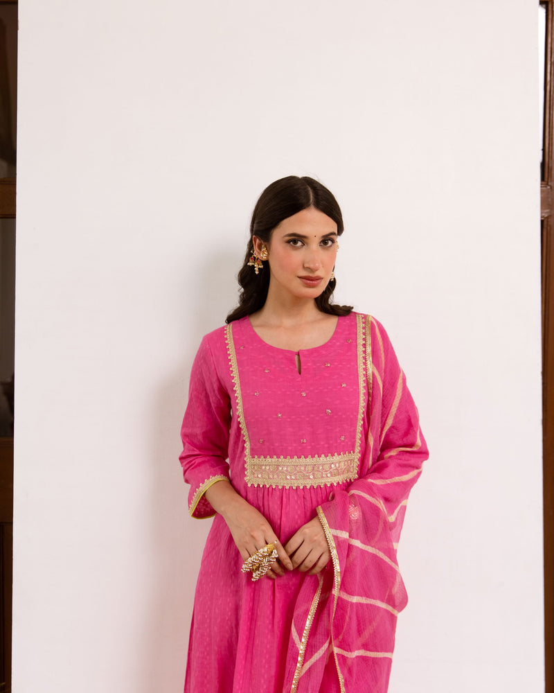 Vibrant Pink Cotton Dobby Complete Suit Set For Women's