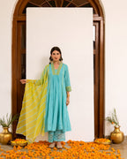 Aqua Blue Cotton Dobby Complete Suit Set For Women's