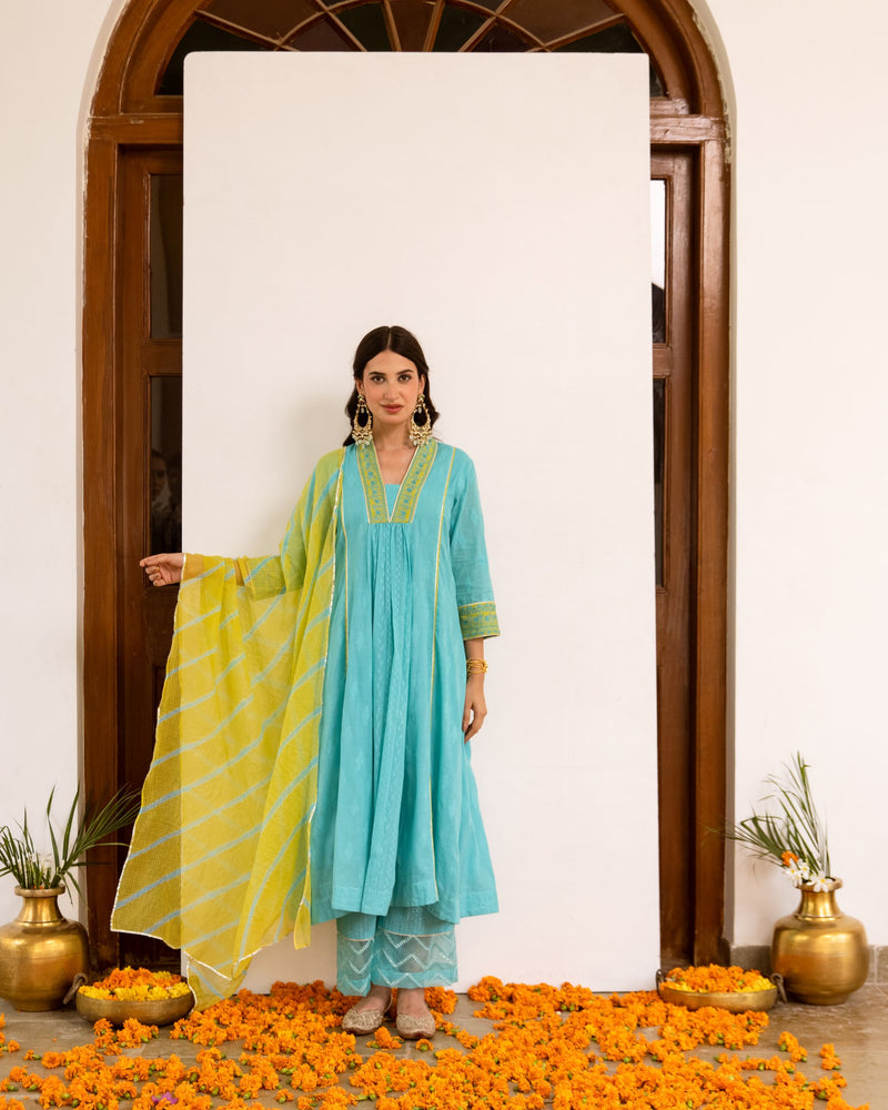 Aqua Blue Cotton Dobby Complete Suit Set For Women's