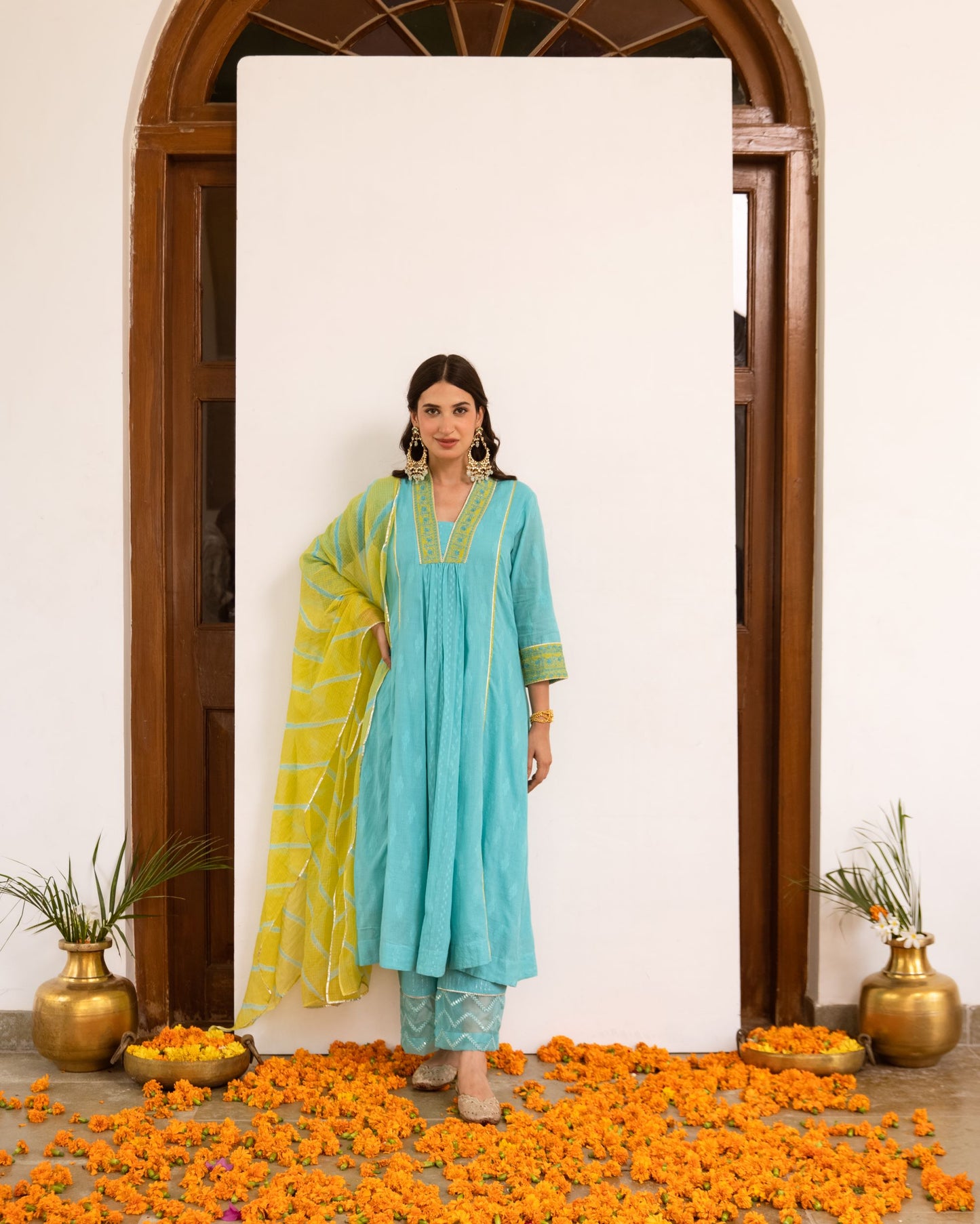 Aqua Blue Cotton Dobby Complete Suit Set For Women's