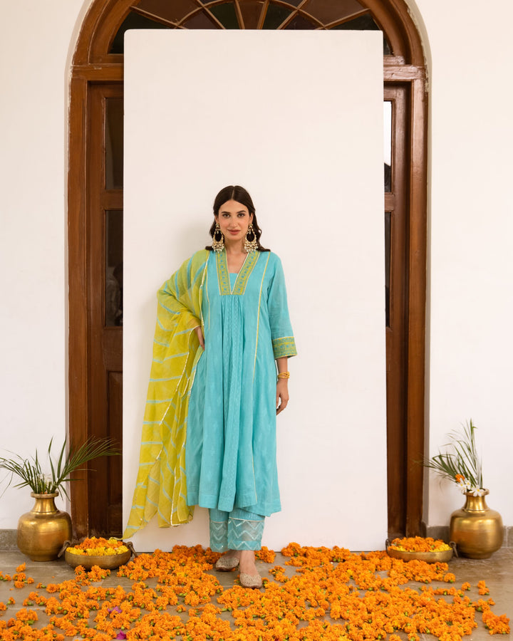 Aqua Blue Cotton Dobby Complete Suit Set For Women's