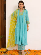 Aqua Blue Cotton Dobby Complete Suit Set For Women's