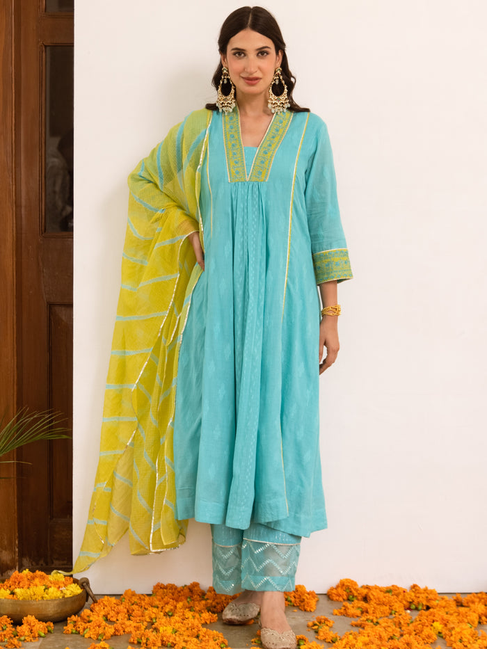 Aqua Blue Cotton Dobby Complete Suit Set For Women's