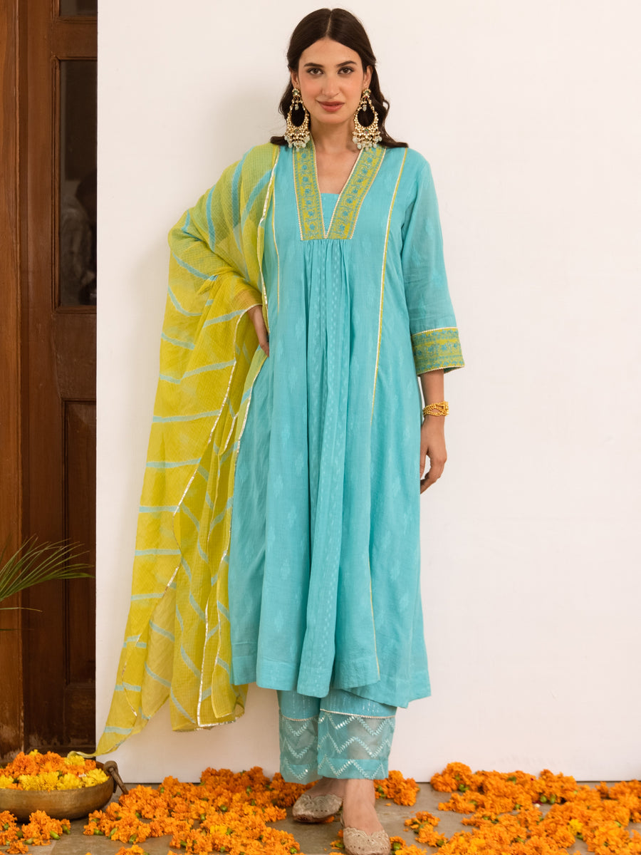 Aqua Blue Cotton Dobby Complete Suit Set For Women's
