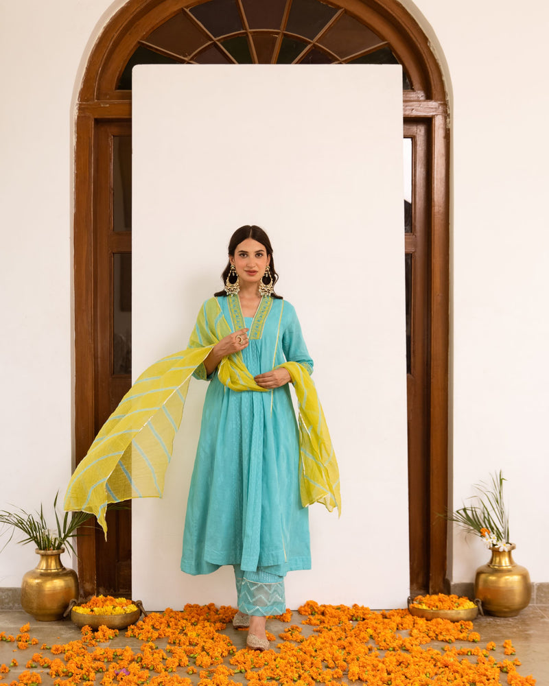 Aqua Blue Cotton Dobby Complete Suit Set For Women's