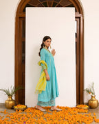 Aqua Blue Cotton Dobby Complete Suit Set For Women's