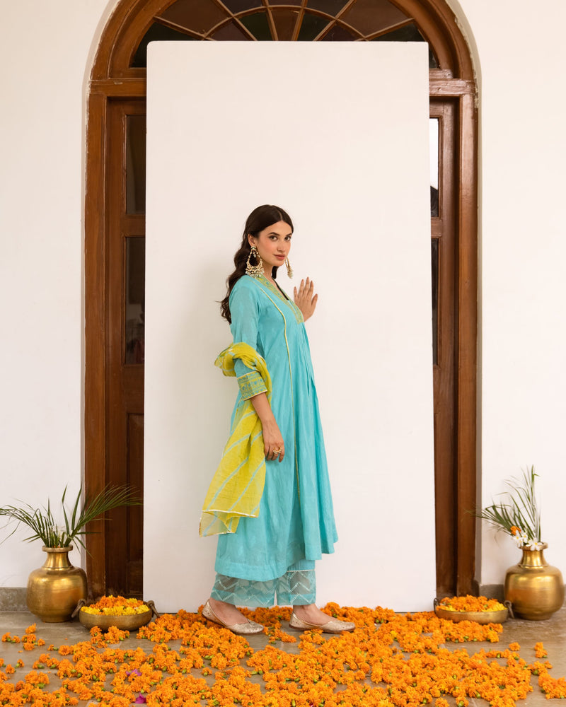 Aqua Blue Cotton Dobby Complete Suit Set For Women's