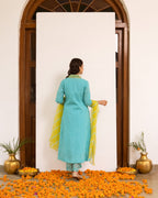 Aqua Blue Cotton Dobby Complete Suit Set For Women's