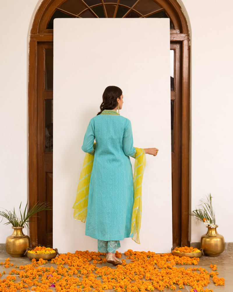 Aqua Blue Cotton Dobby Complete Suit Set For Women's