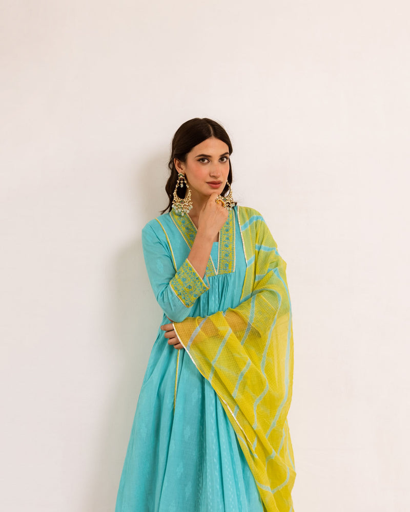 Aqua Blue Cotton Dobby Complete Suit Set For Women's