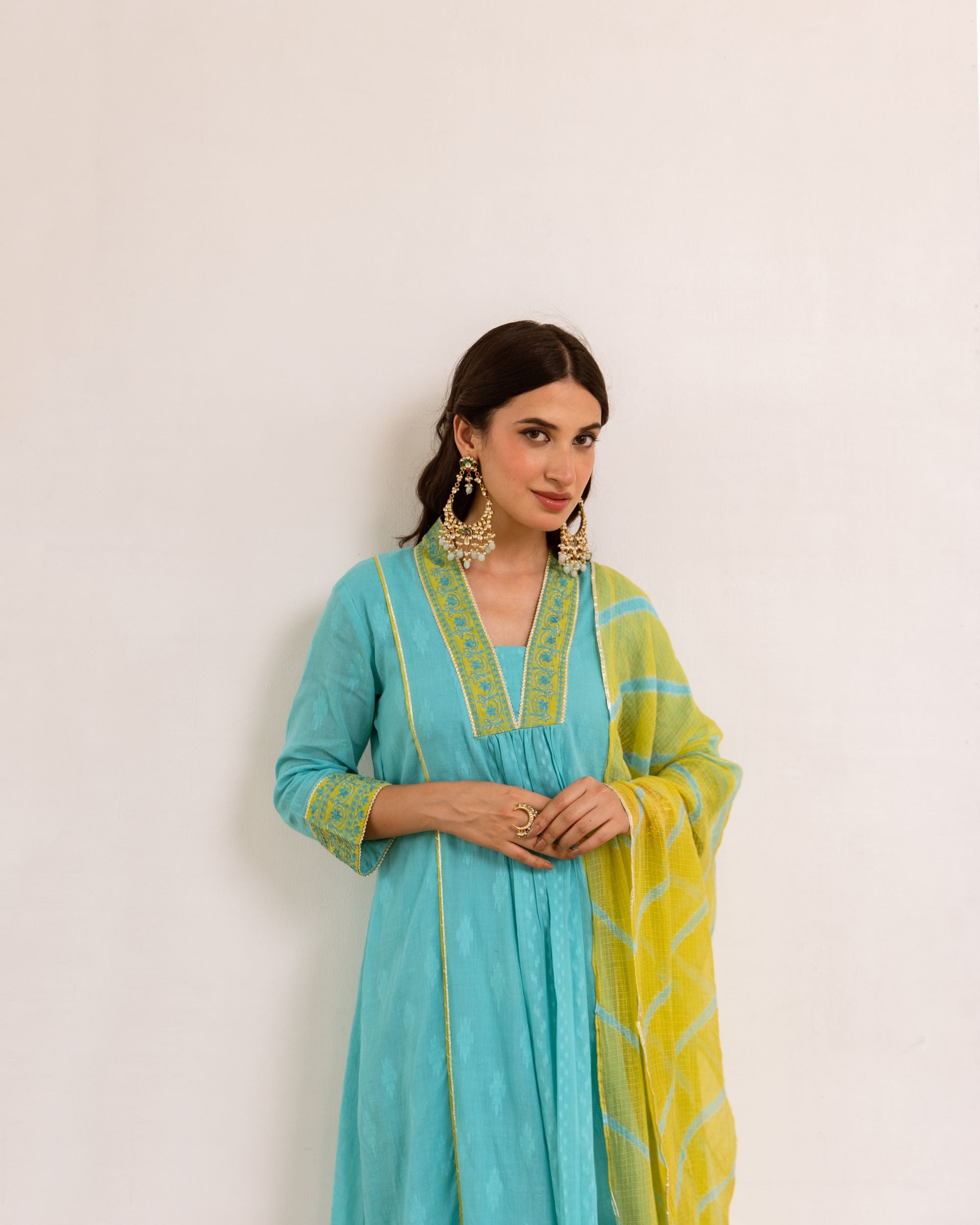 Aqua Blue Cotton Dobby Complete Suit Set For Women's