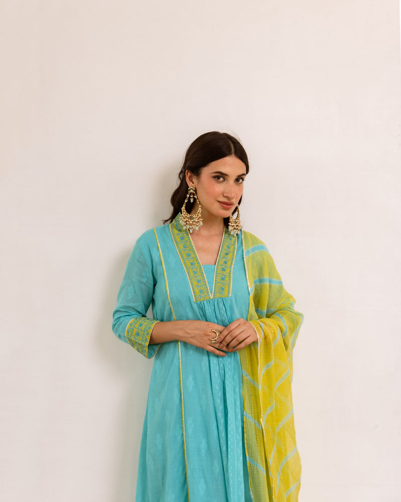 Aqua Blue Cotton Dobby Complete Suit Set For Women's