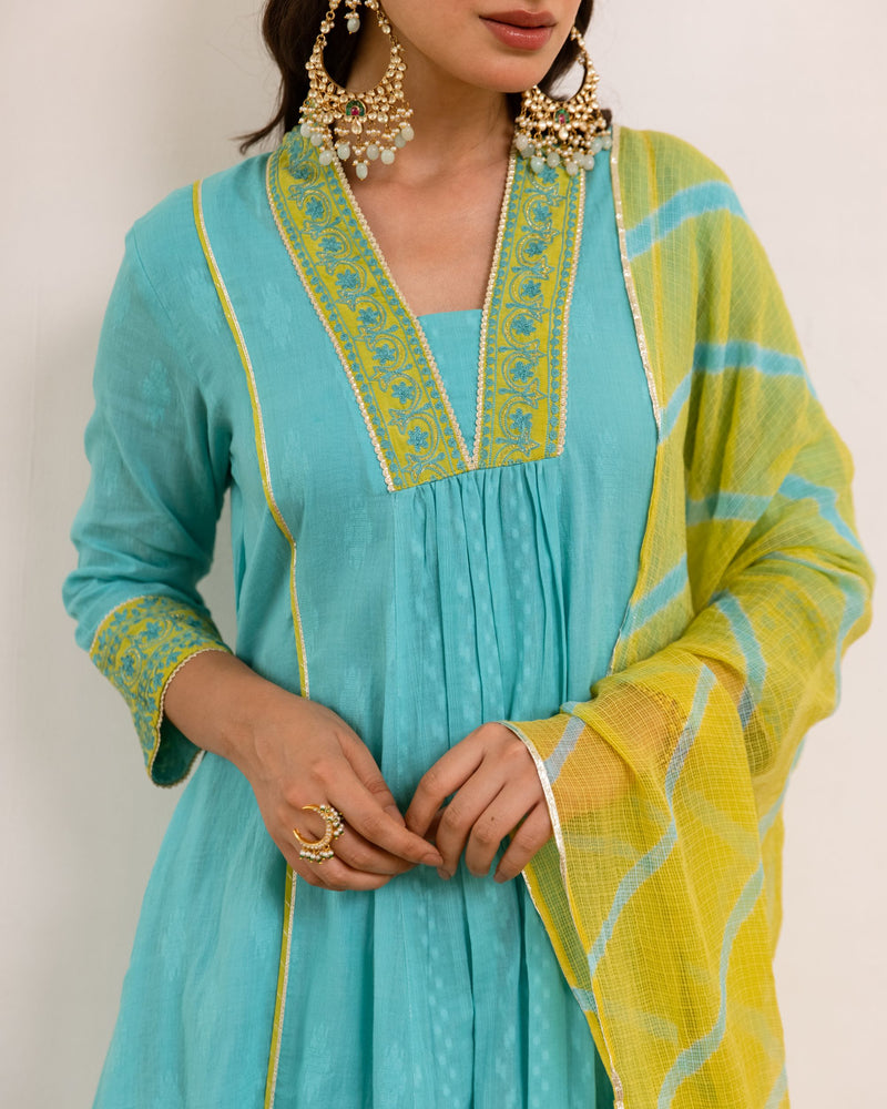 Aqua Blue Cotton Dobby Complete Suit Set For Women's