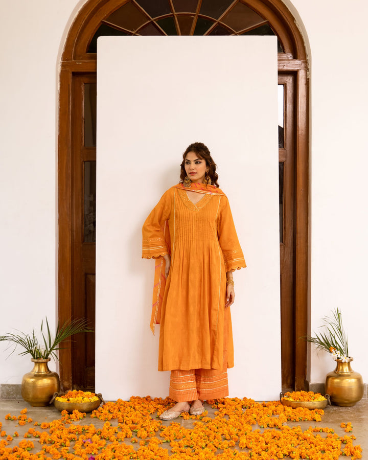 Bright Orange Cotton Dobby Complete Suit Set For Women's