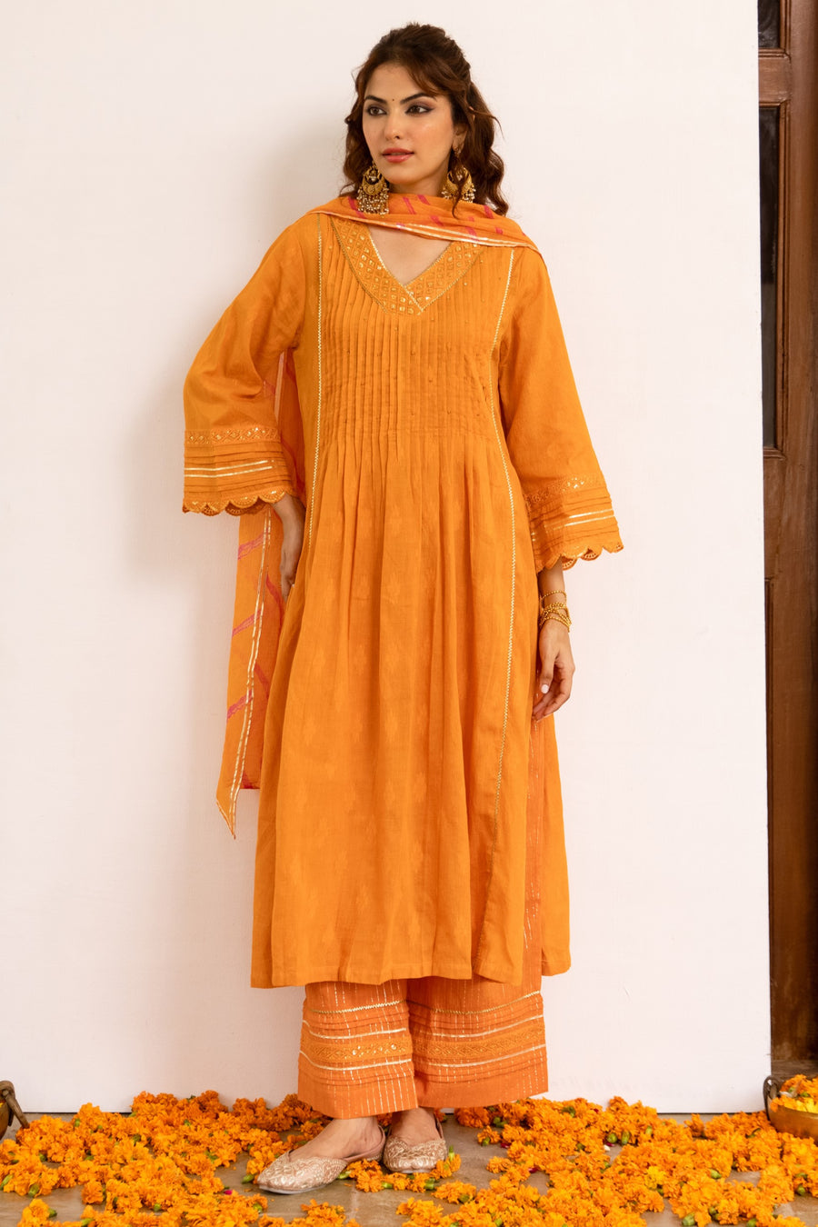 Bright Orange Cotton Dobby Complete Suit Set For Women's