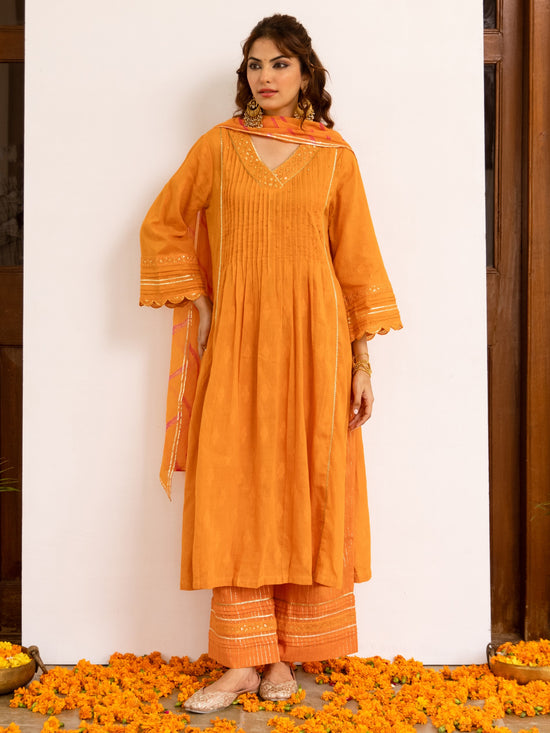 Bright Orange Cotton Dobby Complete Suit Set For Women's