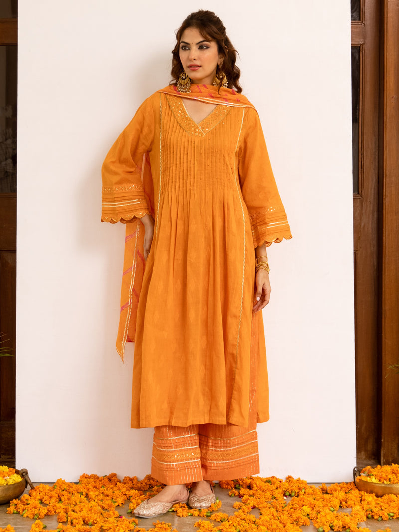 Bright Orange Cotton Dobby Complete Suit Set For Women's