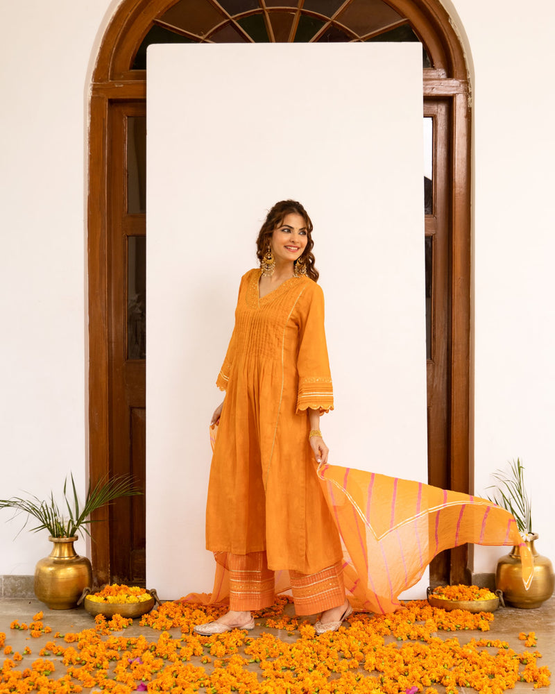 Bright Orange Cotton Dobby Complete Suit Set For Women's
