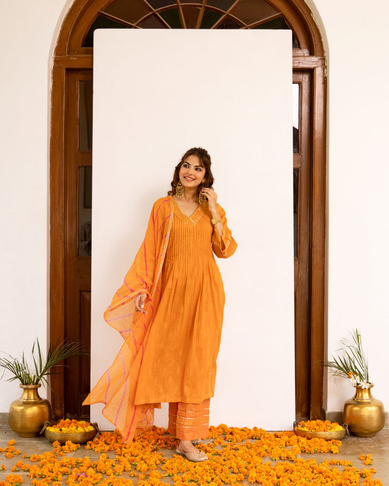 Bright Orange Cotton Dobby Complete Suit Set For Women's