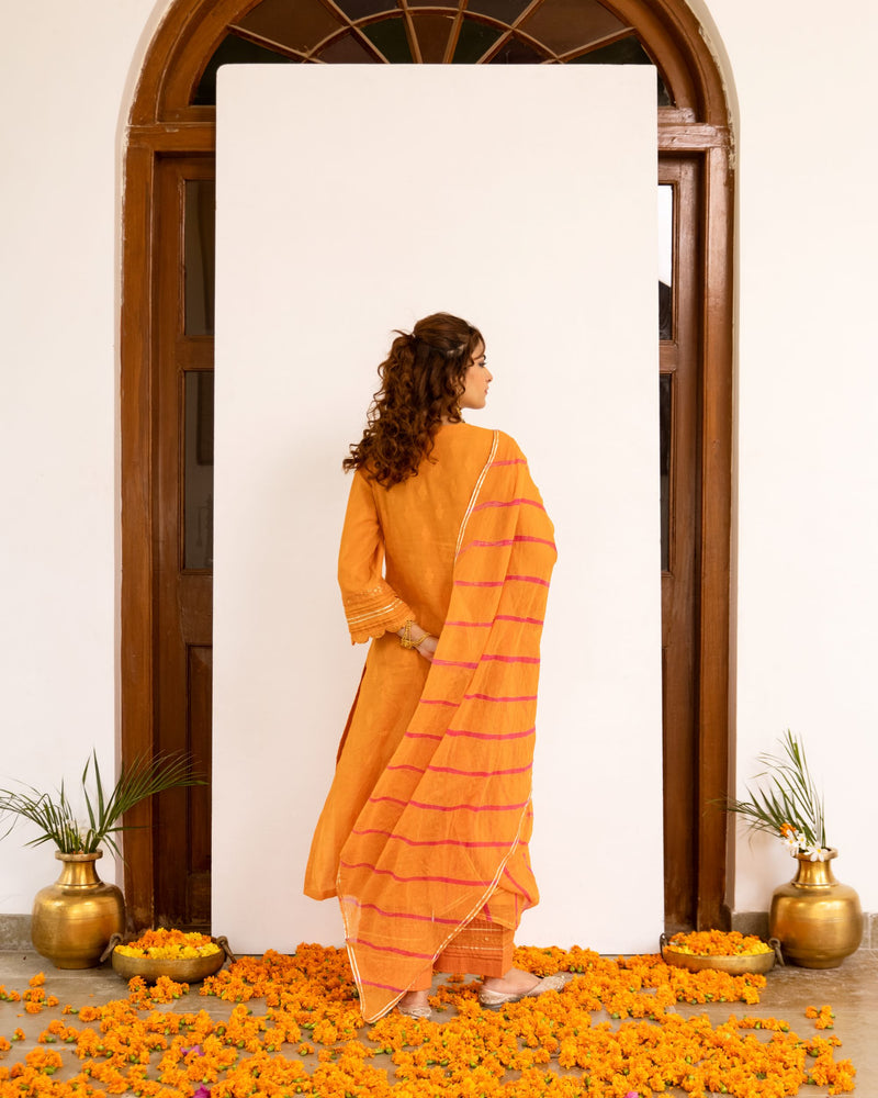 Bright Orange Cotton Dobby Complete Suit Set For Women's