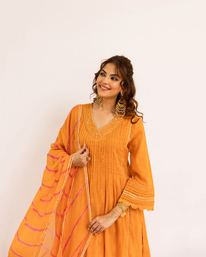Bright Orange Cotton Dobby Complete Suit Set For Women's