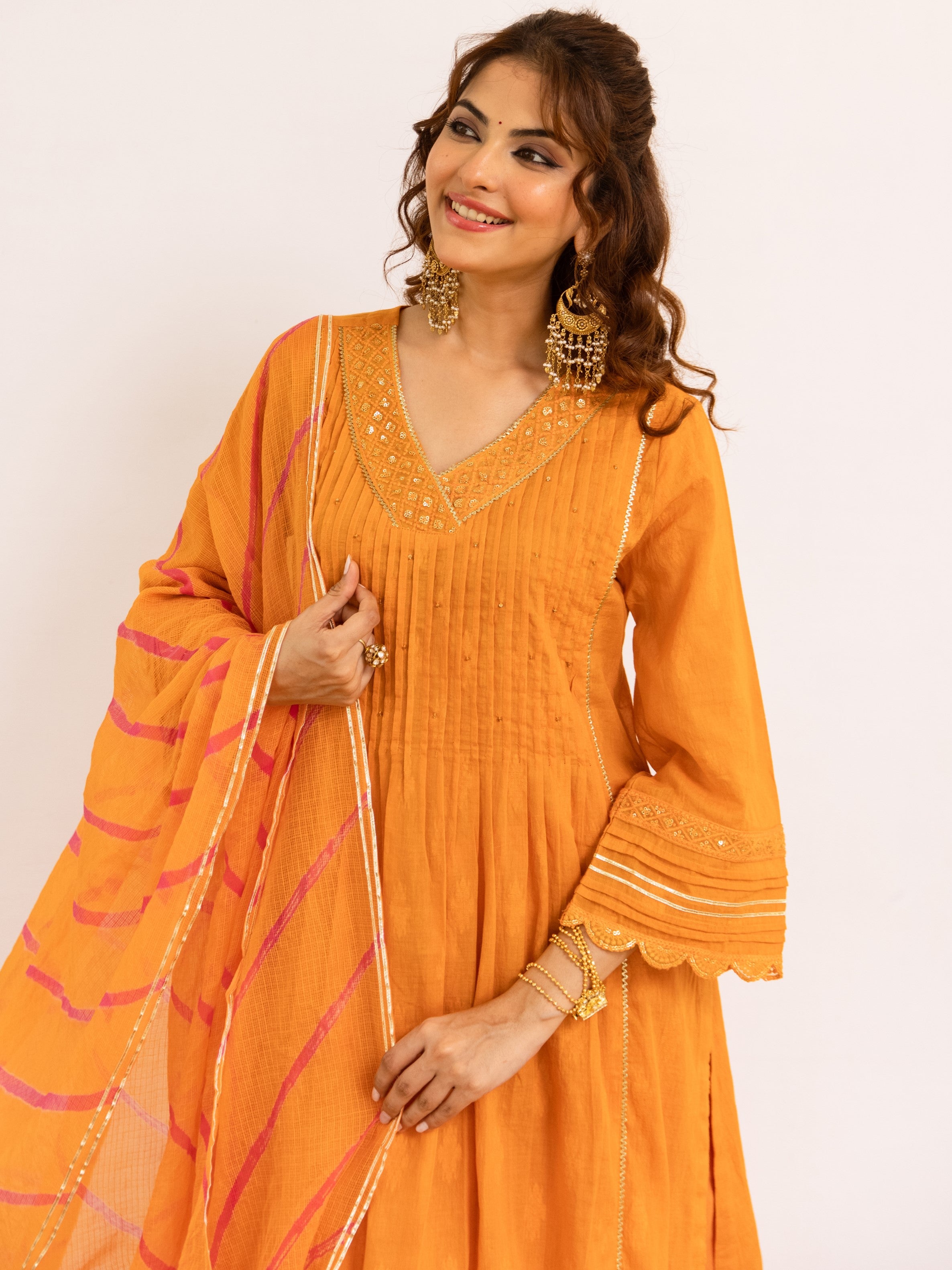 Bright Orange Cotton Dobby Complete Suit Set For Women's
