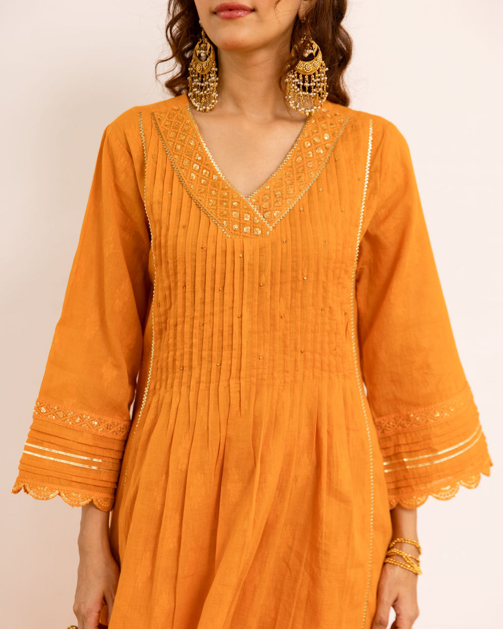 Bright Orange Cotton Dobby Complete Suit Set For Women's