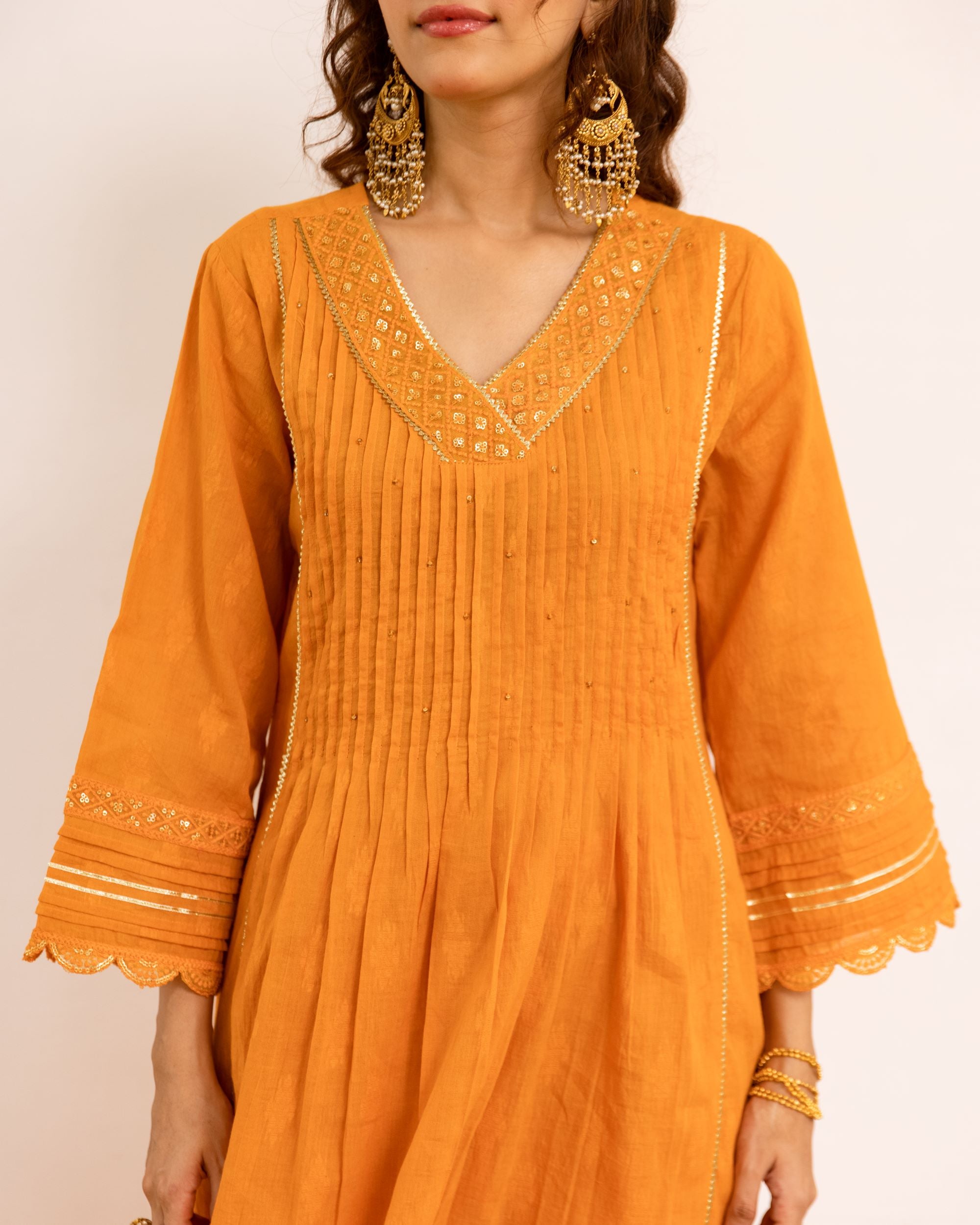 Bright Orange Cotton Dobby Complete Suit Set For Women's