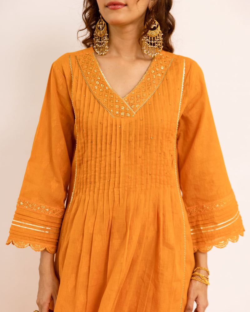 Bright Orange Cotton Dobby Complete Suit Set For Women's