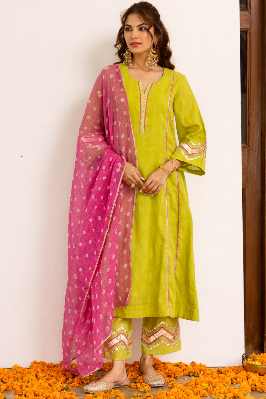 Lime Green with Pink Bandhani Dupatta Complete Suit Set Fior Women's