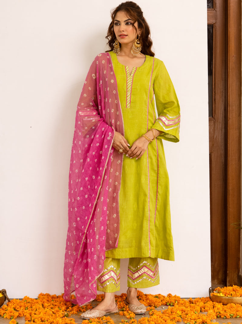 Lime Green with Pink Bandhani Dupatta Complete Suit Set Fior Women's