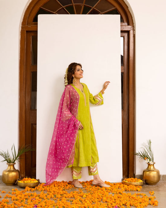 Lime Green with Pink Bandhani Dupatta Complete Suit Set Fior Women's