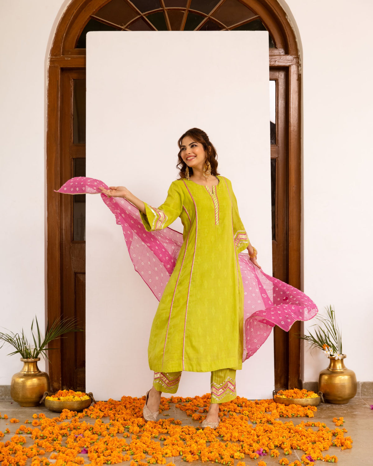 Lime Green with Pink Bandhani Dupatta Complete Suit Set Fior Women's