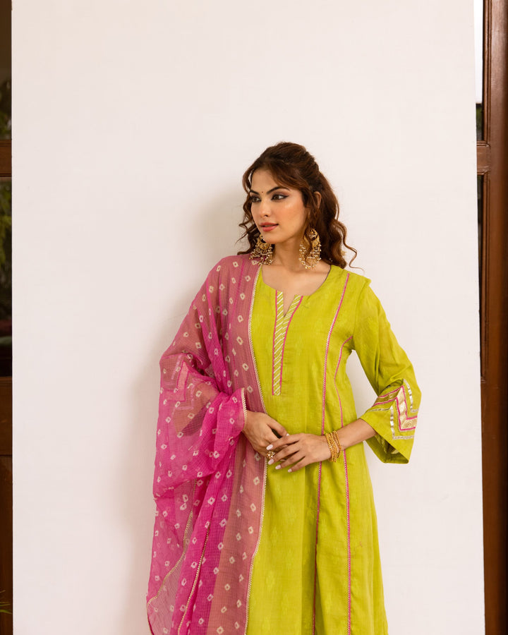 Lime Green with Pink Bandhani Dupatta Complete Suit Set Fior Women's