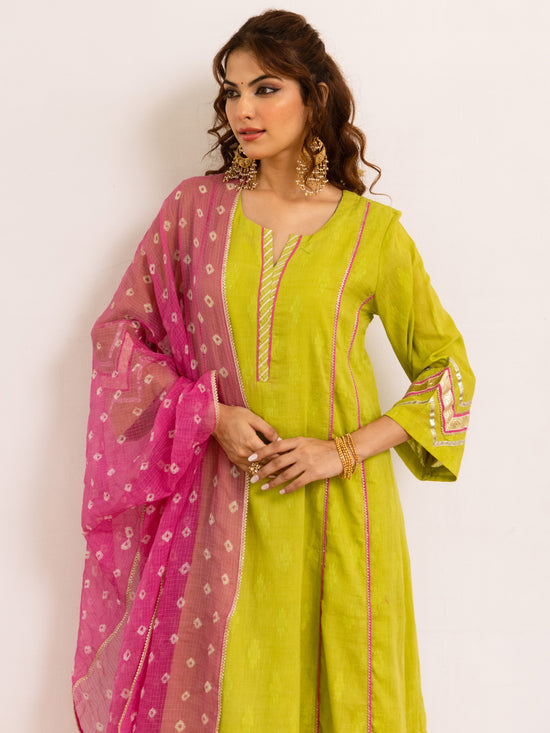 Lime Green with Pink Bandhani Dupatta Complete Suit Set Fior Women's
