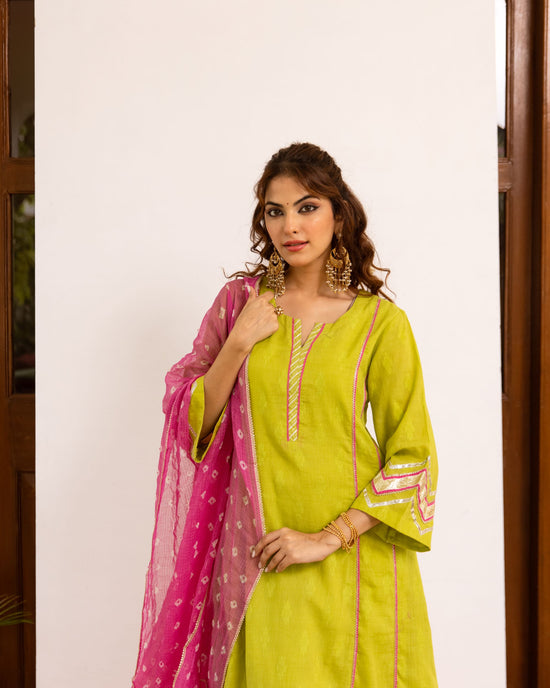 Lime Green with Pink Bandhani Dupatta Complete Suit Set Fior Women's