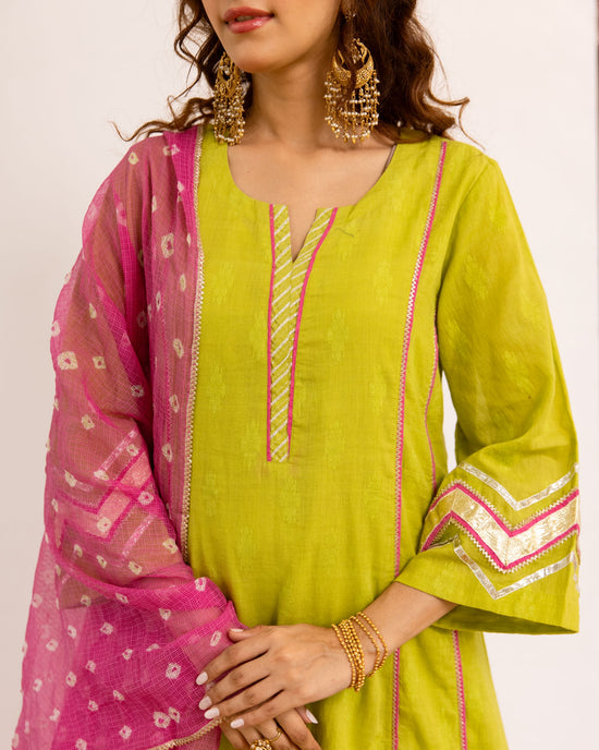 Lime Green with Pink Bandhani Dupatta Complete Suit Set Fior Women's