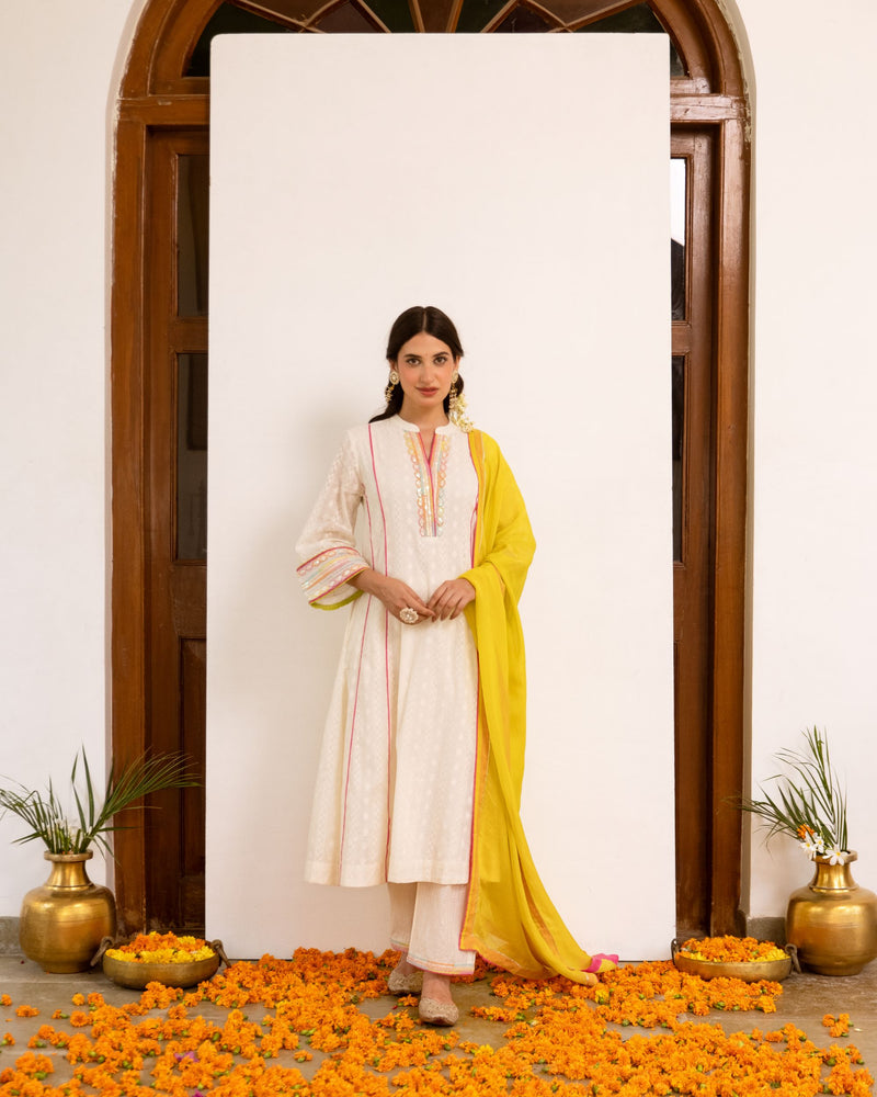 Ivory Cotton Dobby Complete Suit Set For Women's