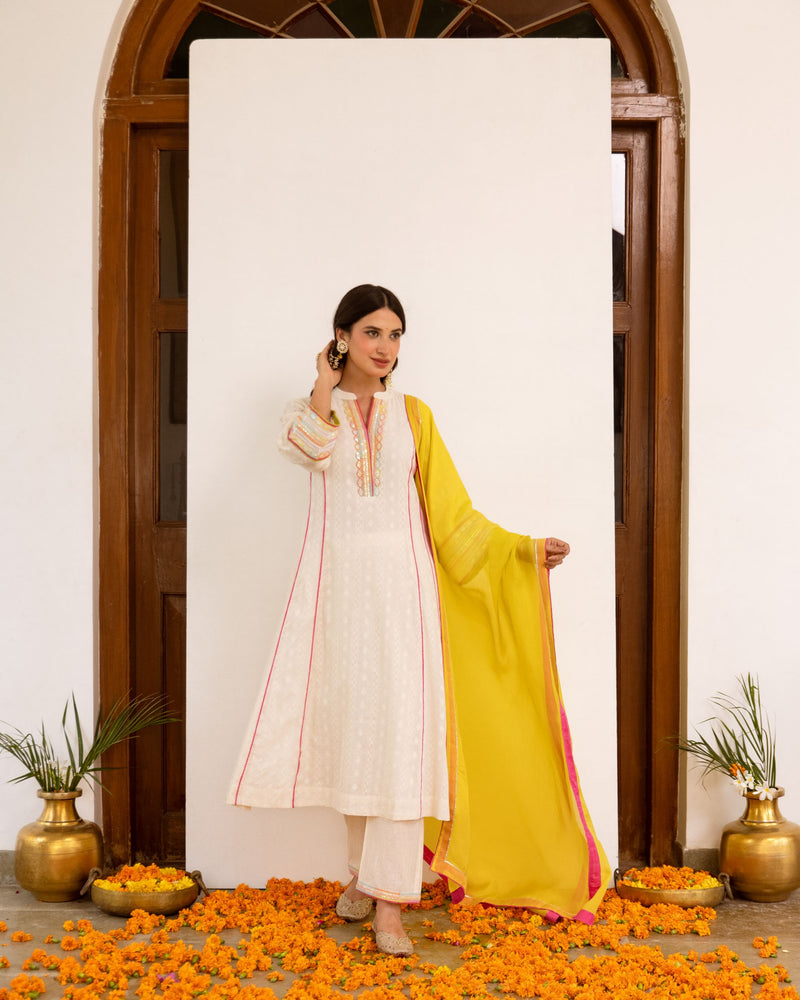 Ivory Cotton Dobby Complete Suit Set For Women's