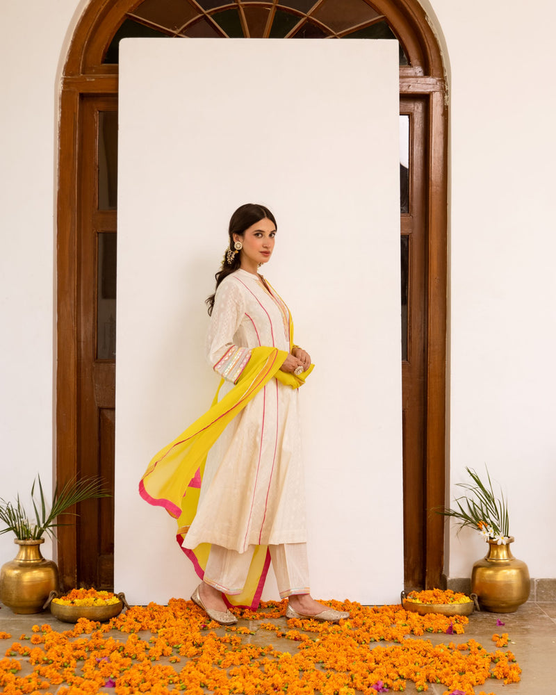 Ivory Cotton Dobby Complete Suit Set For Women's