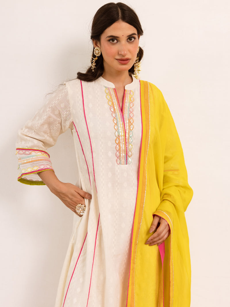 Ivory Cotton Dobby Complete Suit Set For Women's