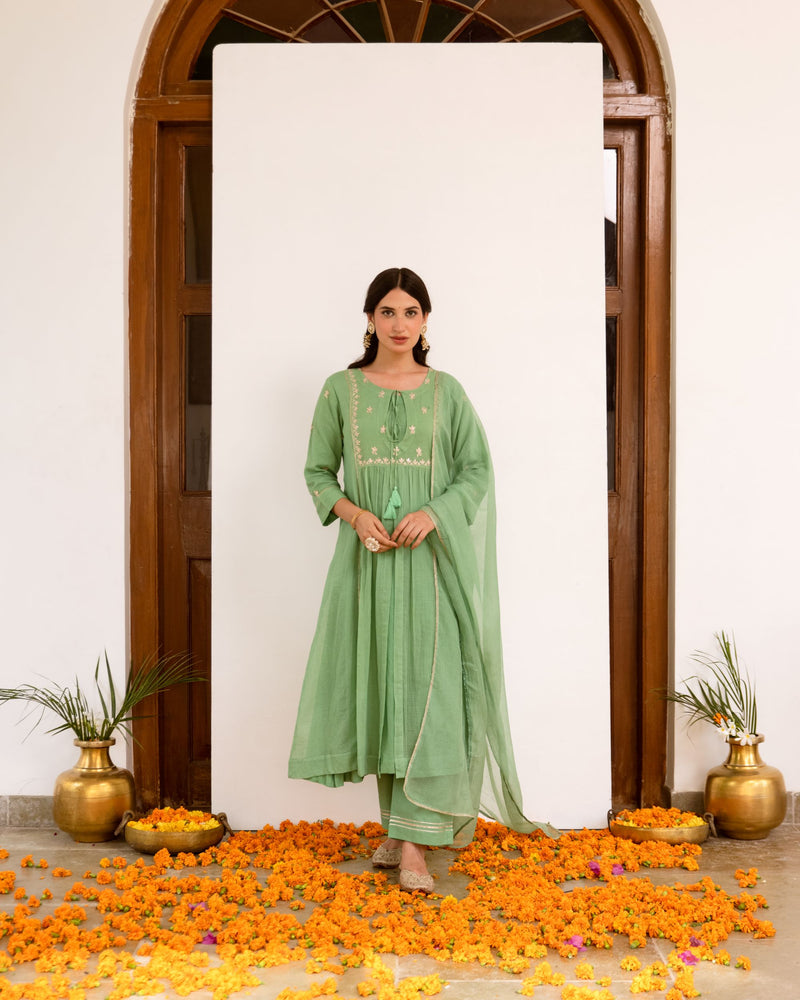 Pastel Green Kota Doriya Complete Suit Set For Women's