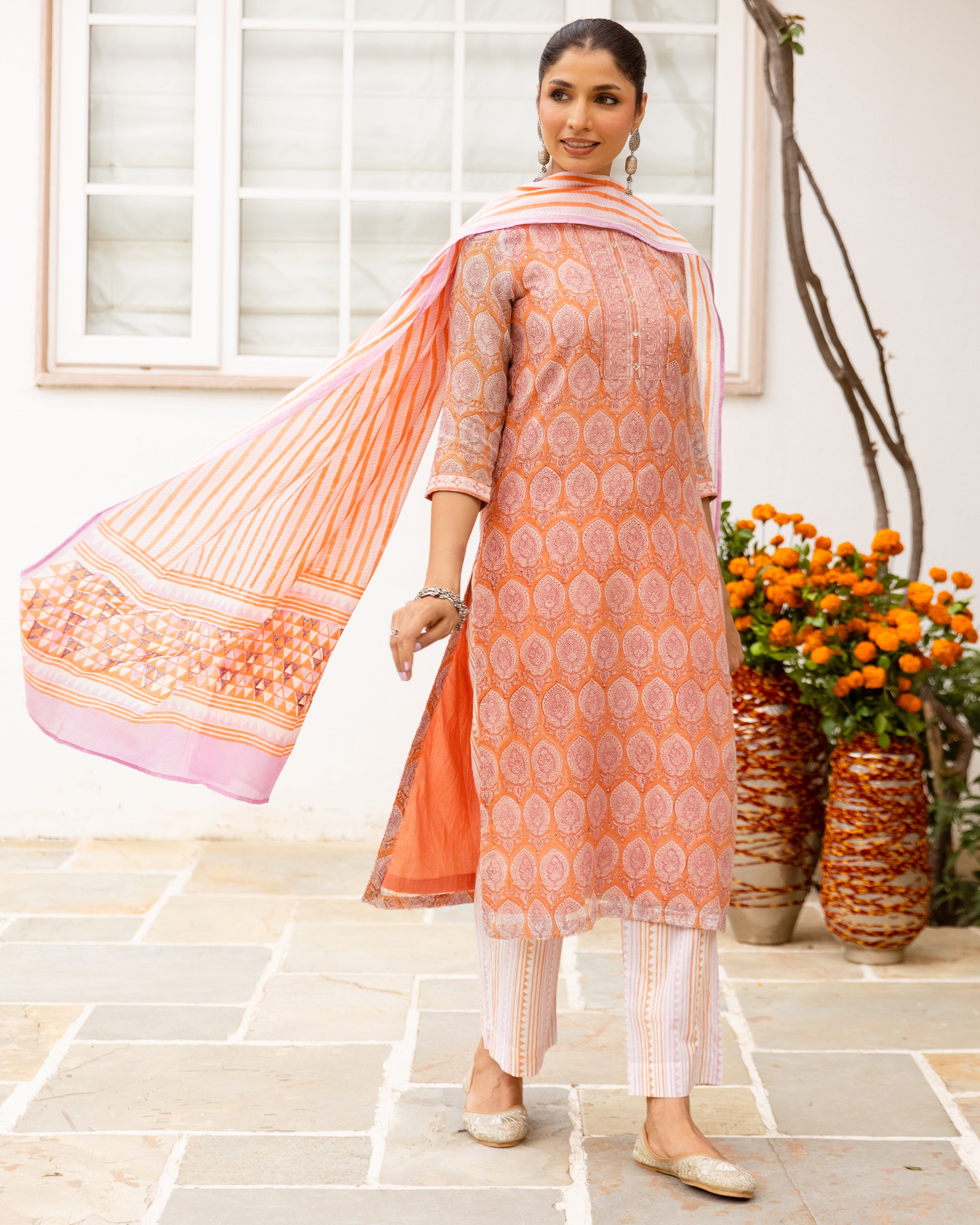 Peach & Orange Chanderi Complete Suit Set