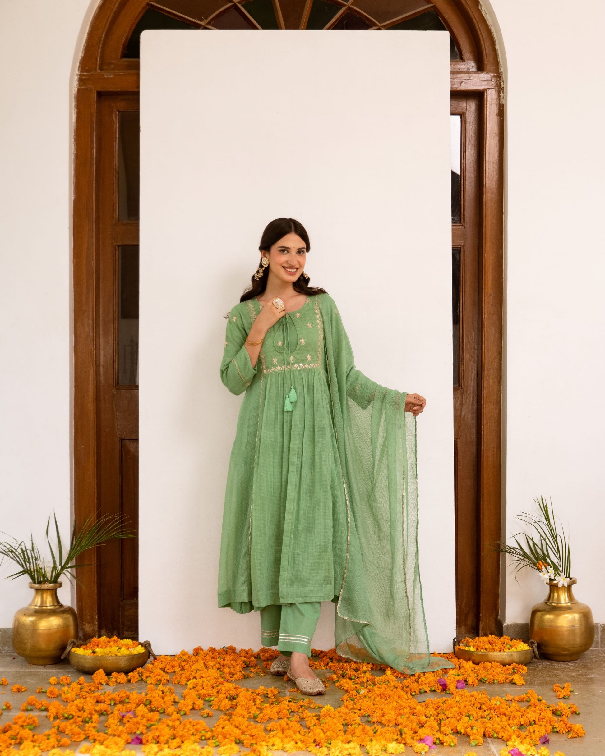 Pastel Green Kota Doriya Complete Suit Set For Women's